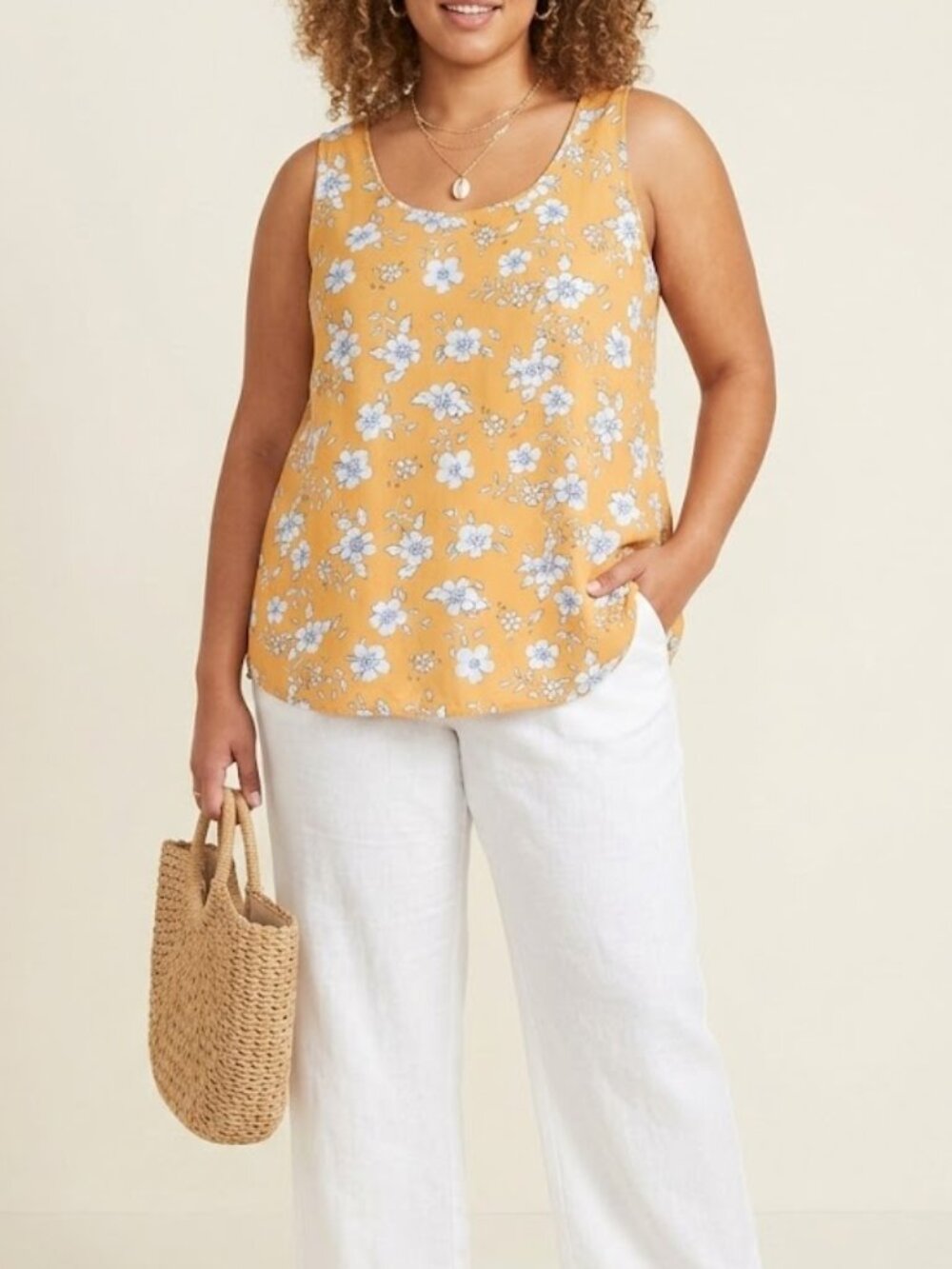 Faded Glory Plus Size 2X Mustard Floral Tank Top Sleeveless Cottagecore Summer B